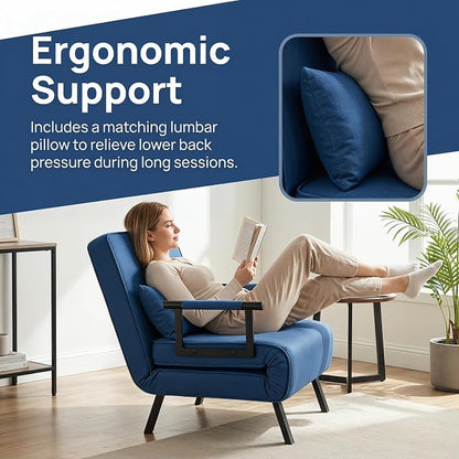 5 in 1 Convertible Bed Sleeper Chair, Chair Bed for Adults with 5 Adjustable Backrest, Folding Chaise Lounge Couch with Pillow, Comfortable for Living Room Bedroom Apartment Office, Blue