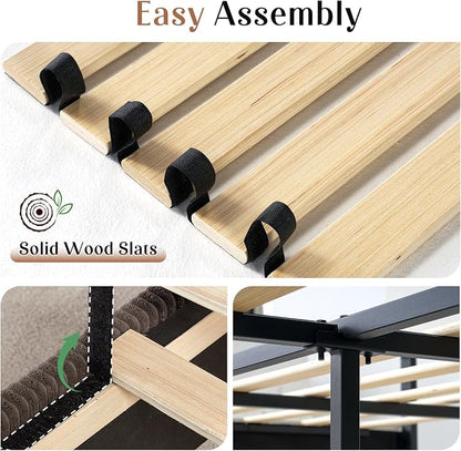 AMERLIFE Queen Size 62" Corduroy Upholstered Bed Frame, Luxurious Platform Bed with Extra Tall Wingback Headboard and Vertical Stripe, No Box Spring Needed/Solid Wood Slats & Legs/Chestnut