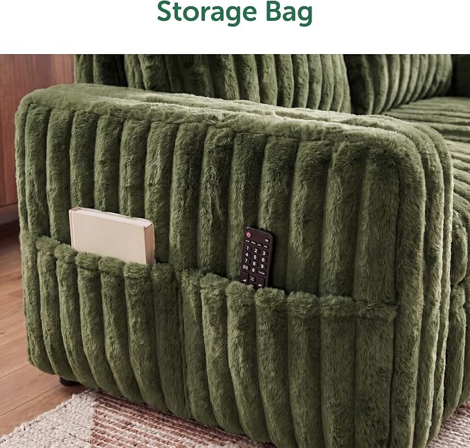 HONBAY Plush Corduroy Modular Sectional Sofa with Pull Out Bed L Shaped Sleeper Sofa with Storage Sectional Couches for Living Room,Plush Green