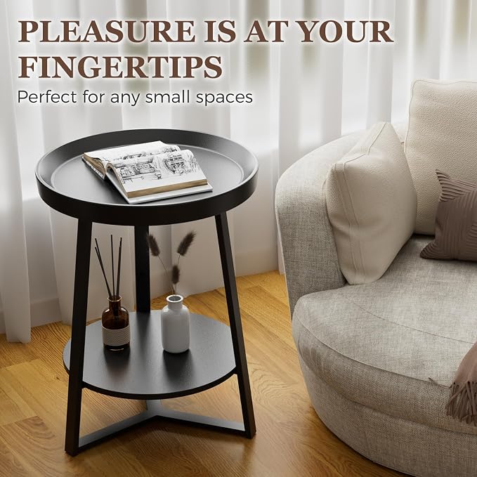 Gadroad Round End Table with Storage Shelf, 2 Tier Farmhouse Side Table Nightstand for Living Room, Bedroom, Wood Tabletop & Black Metal Frame, Black 15.7 * 15.7 * 23.0inches