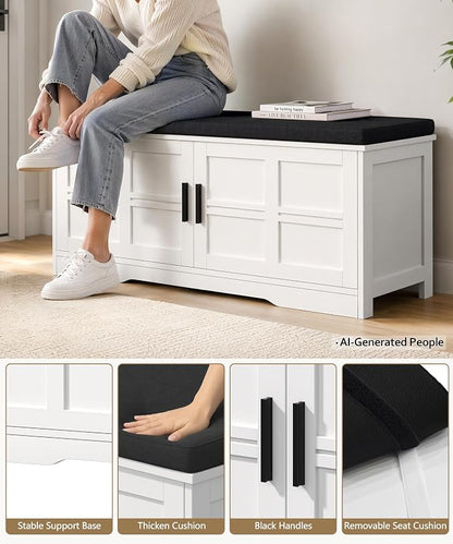 Akxomel Shoe Bench with Storage, 39.4" Entryway Bench with Padded Cushion, 2-Tier Shoe Cabinet Bench with Adjustable Shelves and 2 Cross Molding Doors, for Hallway, Living Room, Bedroom, White