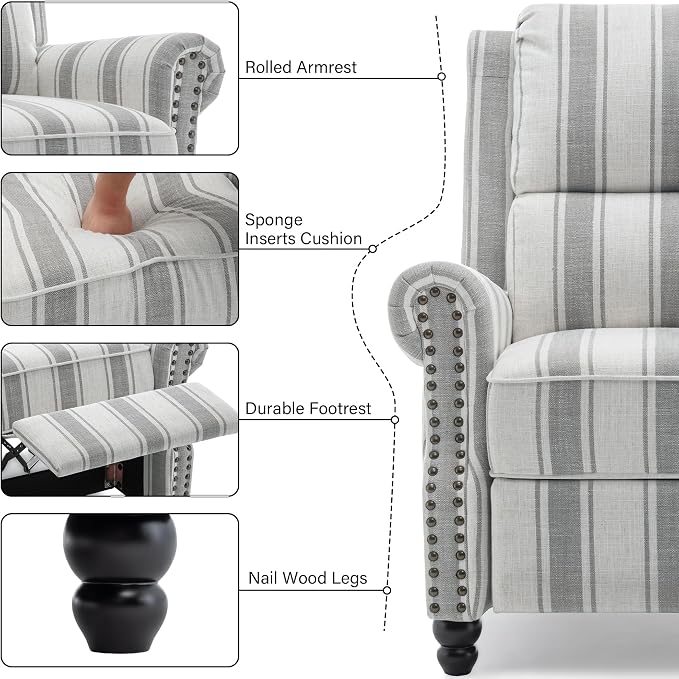 Recliner Chair, Modern Pushback Armchair with Adjustable Backrest & Footrest for Bedroom, Living Room (Grey Stripe,Set of 1)