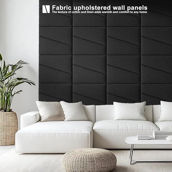 Fabric Upholstered Wall Mounted Headboard for Queen Bed Panels: Stick-On Headboard in Matte Black - Soundproof Padding for Bedroom & Living Room (6 Panels)