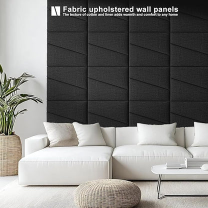 Fabric Upholstered Wall Mounted Headboard for Queen Bed Panels: Stick-On Headboard in Matte Black - Soundproof Padding for Bedroom & Living Room (6 Panels)