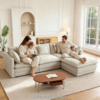 GNIXUU Modular Sectional Sofa, 111.5“ Chenille L Shaped Cloud Sectional Couch with Movable Ottoman & Deep Seat, 4 Seat Couches with 5 Pillows for Living Room, Apartment, Office, Camel