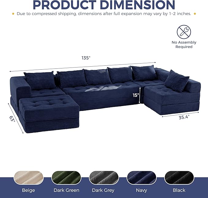 MAXYOYO Modular Sectional Sofa Couch, Foldable U Shaped Cloud Couch with Pillows, Tufted 7-Seat Boneless Lounger Floor Sofa Bed for Living Room, No Assembly Required, Navy