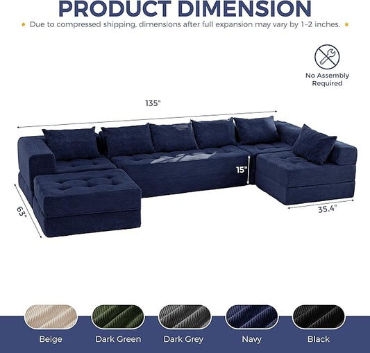 MAXYOYO Modular Sectional Sofa Couch, Foldable U Shaped Cloud Couch with Pillows, Tufted 7-Seat Boneless Lounger Floor Sofa Bed for Living Room, No Assembly Required, Navy
