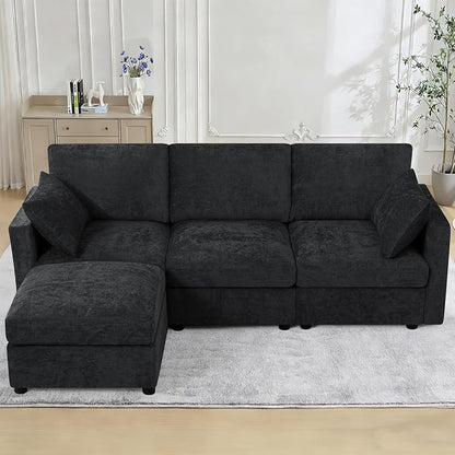 84” Chenille 3-Seats Sofa W/Movable Ottoman, Black | Modern Fabric L-Shaped Couch w/Soft Backrests, Upholstered Sectional Sofa w/Arm Pillows for Living Room