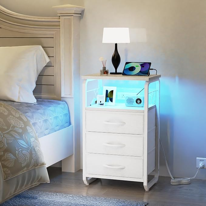 runjuly Bed Side Table with 3 Fabric Drawers, White Night Stand, LED Nightstand with Hooks, Bedside Table with Charging Station, End Table with Storage, Night Table for Bedroom, Dorm