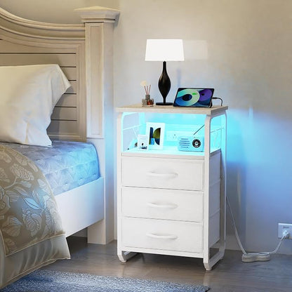 runjuly Bed Side Table with 3 Fabric Drawers, White Night Stand, LED Nightstand with Hooks, Bedside Table with Charging Station, End Table with Storage, Night Table for Bedroom, Dorm