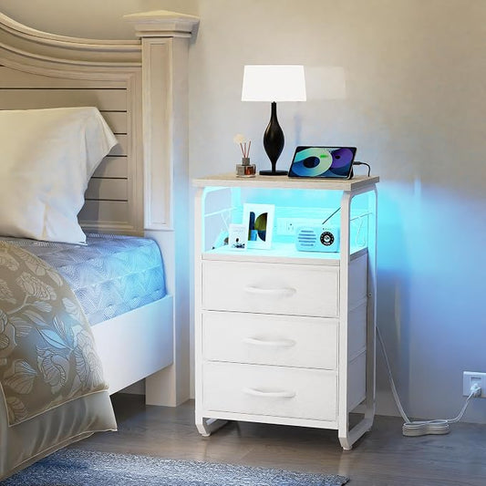runjuly Bed Side Table with 3 Fabric Drawers, White Night Stand, LED Nightstand with Hooks, Bedside Table with Charging Station, End Table with Storage, Night Table for Bedroom, Dorm