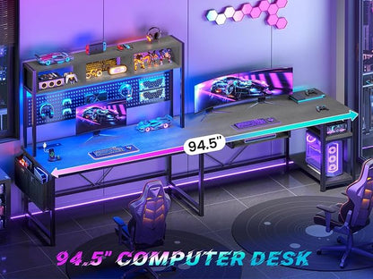 SEDETA L Shaped Desk, 94.5 Inch Home Office Desk with Power Outlet & Pegboard, L Shaped Gaming Desk with LED Light, Keyboard Tray, Storage Shelves and Headphone Hook for Home Office, Grey
