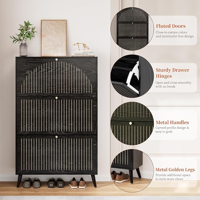 Fsbecl Shoe Storage Cabinet for Entryway with 3 Flip Drawers, Narrow Shoe Organizer with Fluted Panel, Freestanding Wood Hidden Shoe Cabinet for Hallway(Black, 31.4''W, Double Layer)