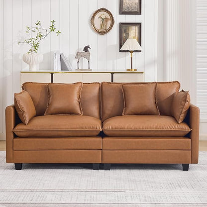 76'' Cloud Deep Seat Loveseat, Upholstered Leather Modular 2-Seats Sectional Sofa Couch, Modern Comfy Settee Loveseat for Living Room Set, Small Apartment, Leather Light Brown