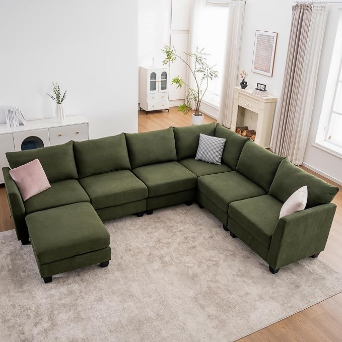 122.8" Large Sectional Couches for Living Room, 6 Seater L Shaped Modular Sectional Sofa with Storage Ottoman & USB, Oversized Corner Couch for Living Room（Green）