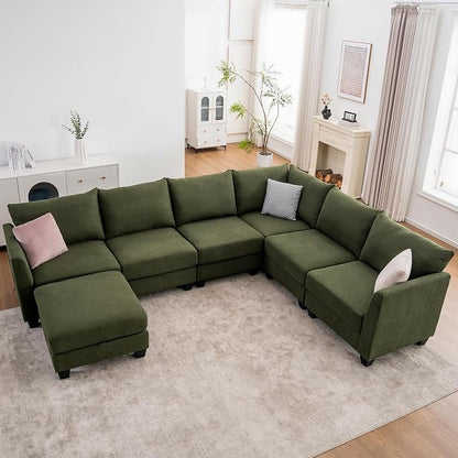 122.8" Large Sectional Couches for Living Room, 6 Seater L Shaped Modular Sectional Sofa with Storage Ottoman & USB, Oversized Corner Couch for Living Room（Green）