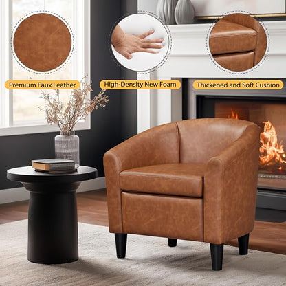 Topeakmart Leather Accent Chair, PU Leather Modern Barrel Chair Club Armchair with Soft Padded for Living Room Bedroom, Brown, Set of 2