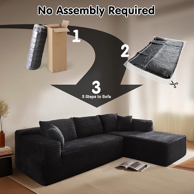 ovios 104" Cloud Boneless Couch with L-Shape Chaise,Modern Sectional Modular Sofa with Deep Seat, Upholstered Couches for Living Room Bedroom,No Assembly Required, Black (Plush Corduroy Fabric)