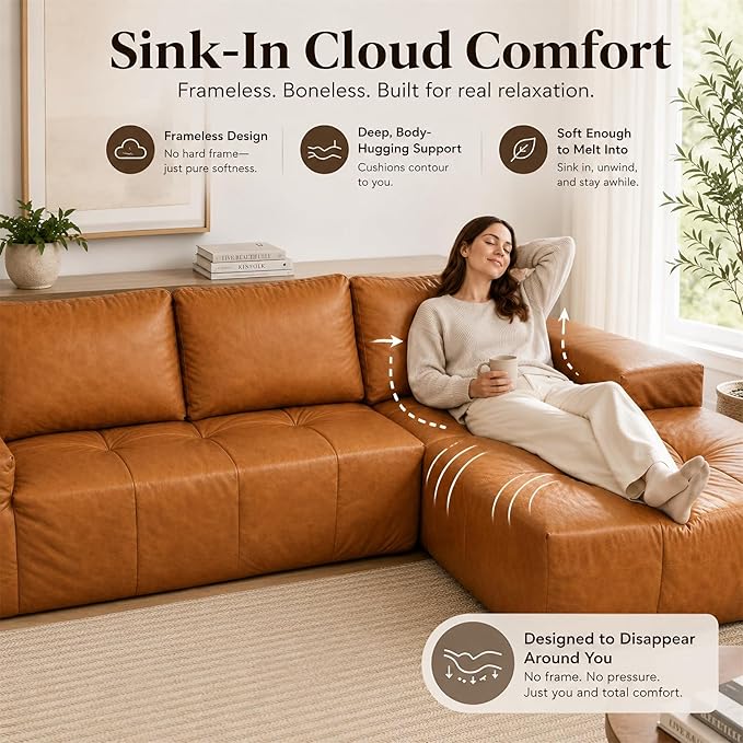 114” Boneless Sectional Couches for Living Room, Brown Cloud Faux Leather Couch in a Box, Modular Sectional Sofas for Living Room, L Shaped Couch with Chaise, Memory Foam Deep Seat,Right Chaise