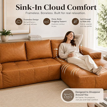 114” Boneless Sectional Couches for Living Room, Brown Cloud Faux Leather Couch in a Box, Modular Sectional Sofas for Living Room, L Shaped Couch with Chaise, Memory Foam Deep Seat,Right Chaise