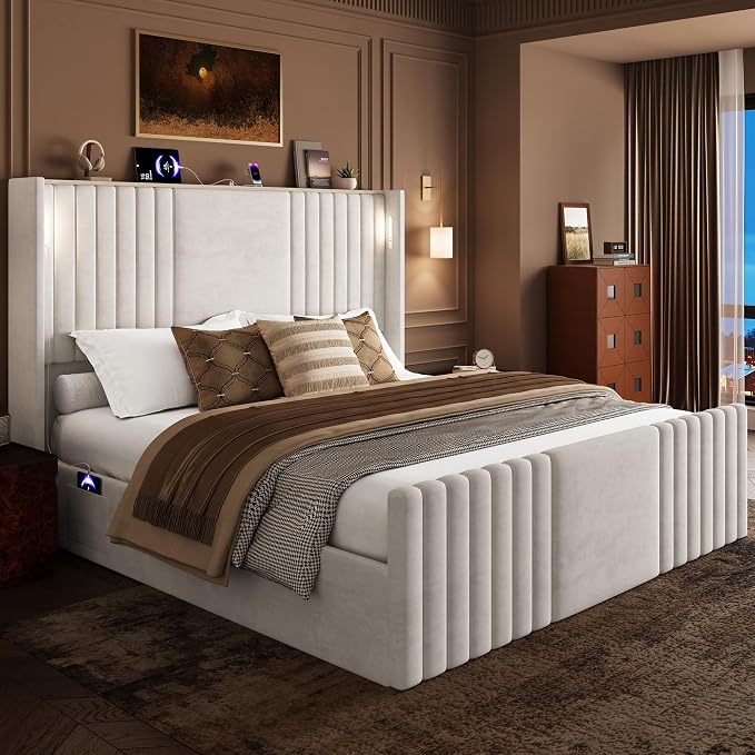 King Size Bed Frame with 55.1" Tall Headboard, Velvet Upholstered Platform Bed with Channel Tufted Wingback, 2 Reading Lights/Storage Shelf/Charging Station/Easy Assembly/Noise-Free, Cream