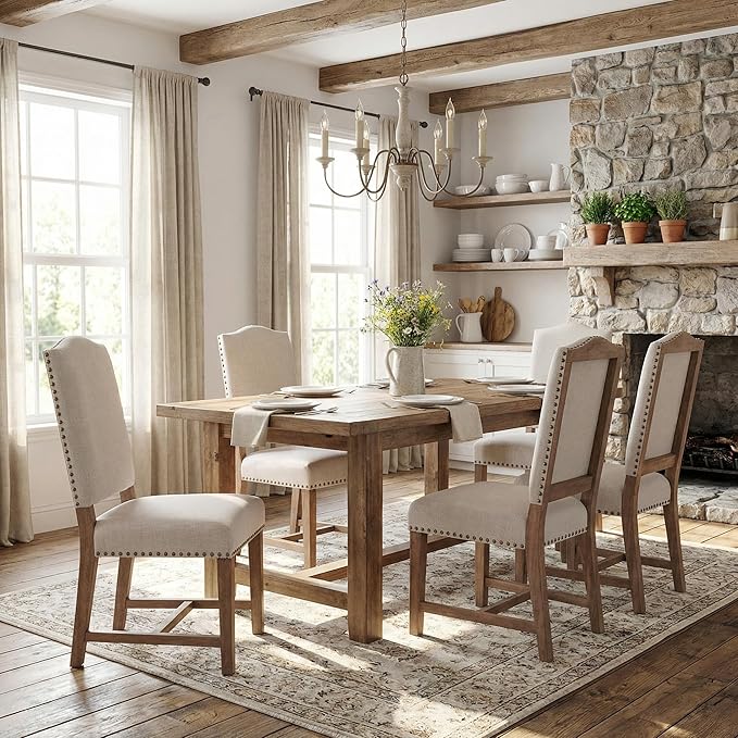 ROCITY Linen Dining Chairs Set of 6 Beige Upholstered Dining Room Chairs Farmhouse Kitchen Side Chairs with Wooden Legs&Nailhead Trim