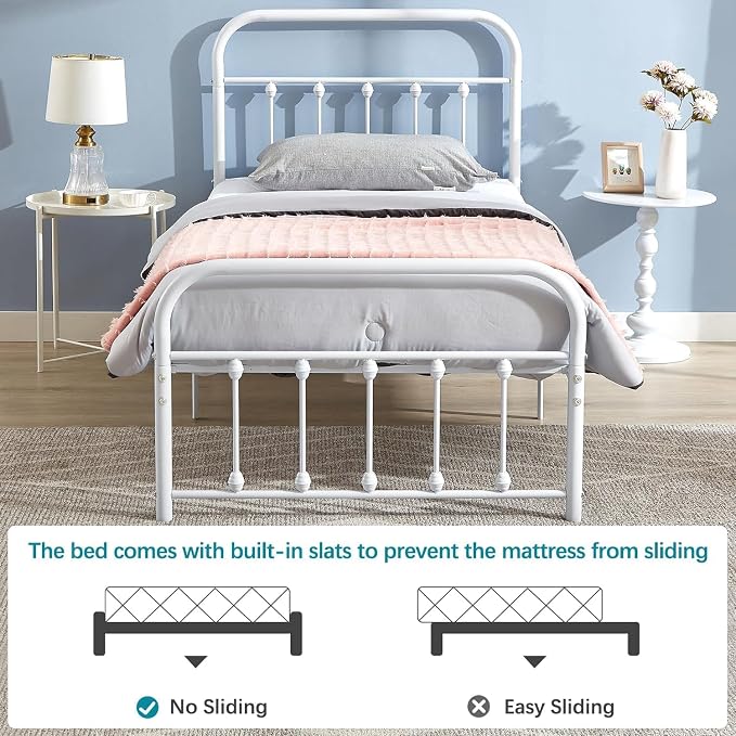 VECELO Twin Size Sturdy Metal Platform Bed Frame Classic Victorian Style Bed Frame with Headboard and Footboard Under Bed Storage No Box Spring Needed White
