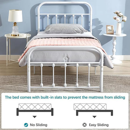 VECELO Twin Size Sturdy Metal Platform Bed Frame Classic Victorian Style Bed Frame with Headboard and Footboard Under Bed Storage No Box Spring Needed White