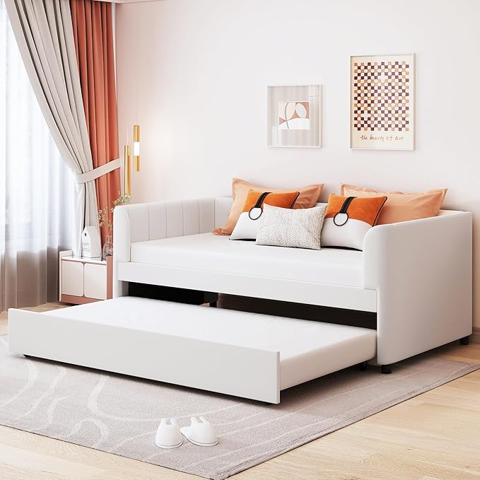 Merax Twin Daybed with Trundle, Upholstered Wooden Sofa Bed Frame with Simple Line Design, Beige