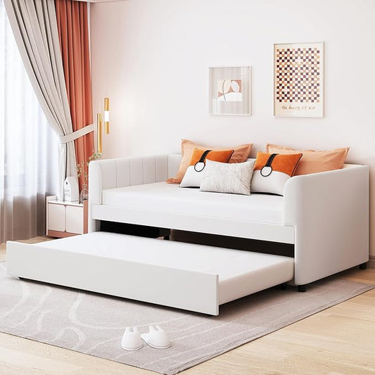 Merax Twin Daybed with Trundle, Upholstered Wooden Sofa Bed Frame with Simple Line Design, Beige