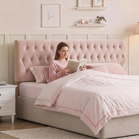 Tufted Upholstered King Size Bed Headboard in Modern Button Design, Adjustable Solid Wood Head Board, Premium Velvet Fabric Padded Headboards in Bedroom (Pink)