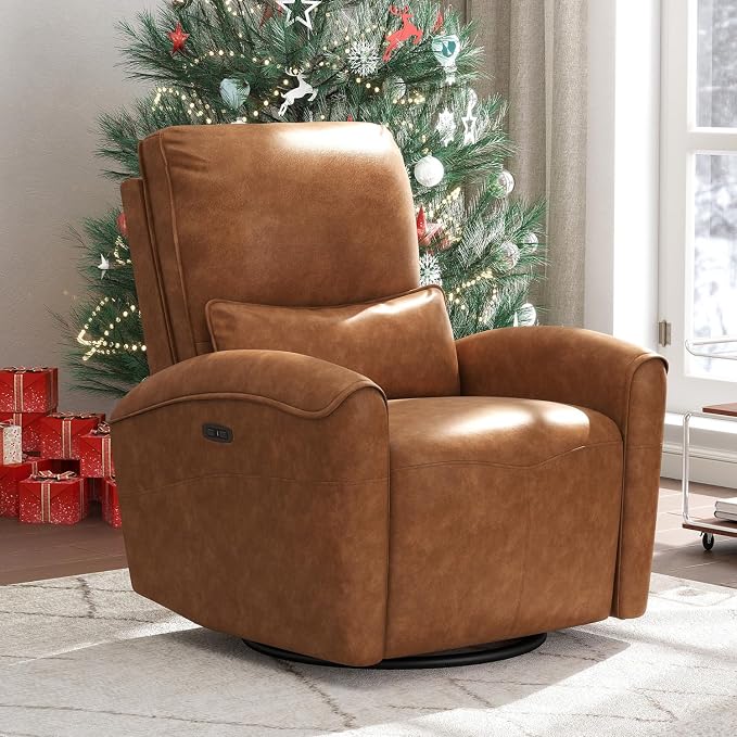 Bonzy Home Power Swivel Rocker Recliner Chair with USB Port, 23.2" Wide Seat, Fixed Lumbar Support, Upholstered Glider Chair for Nursery Living Room, Brown