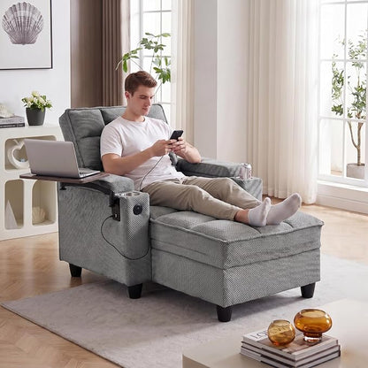 Convertible Sleeper Chair, Pull Out Sofa Bed with Adjustable Backrest & Hidden Storage Armrest, Single Sofa Recliner with USB Charging Port & Cup Holders for Living Room, Bedroom, Gray