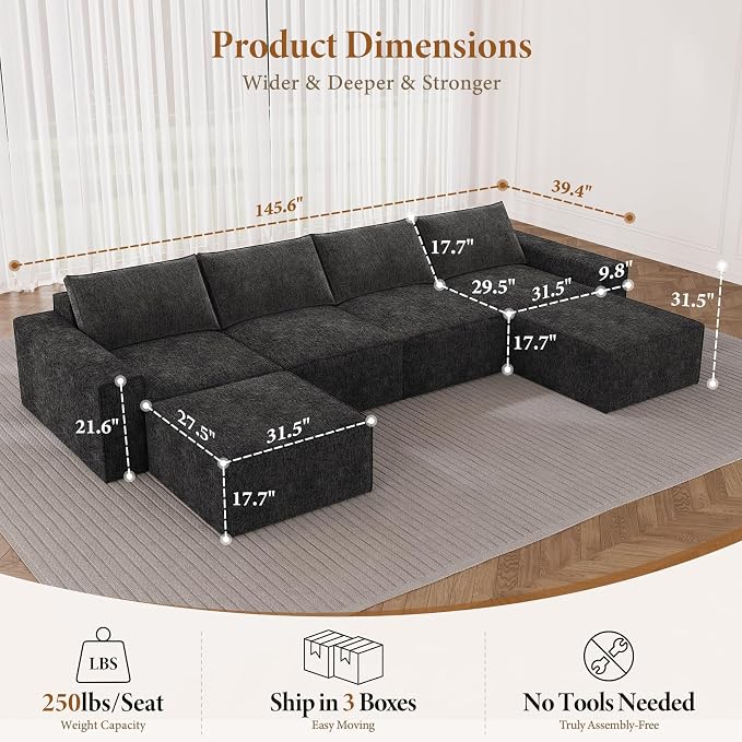 Vesgantti 145.6" Modular Boneless Couch, Modern U Shaped 6 Seater Sectional Sofa with 2 Ottoman & Deep Seat, Convertible Chenille Cloud Couches for Living Room, No Assembly Required, Black