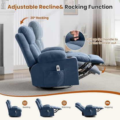 MAHOMICO Swivel Rocker Recliner Chair with Vibration Massage and Heat for Living Room,with Rocking Function and Side Pocket, USB Charge Port,2 Cup Holders