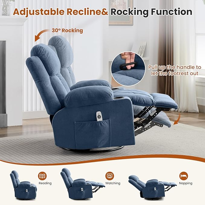 MAHOMICO Swivel Rocker Recliner Chair with Vibration Massage and Heat for Living Room,with Rocking Function and Side Pocket, USB Charge Port,2 Cup Holders