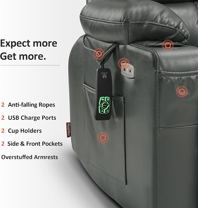 MCombo Small Dual Motor Power Lift Recliner Chair for Elderly, Zero Gravity Lift Chair with Heat and Massage, Lay Flat Recliner for Petite, USB Ports, Faux Leather R7894 (Grey, Small-Wide)