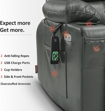 MCombo Extra Wide Dual Motor Power Lift Recliner Chair for Elderly, Zero Gravity Lift Chair with Heat and Massage, Infinite Position Recliners, USB Ports, Faux Leather R7897 (Grey, Medium-Wide)
