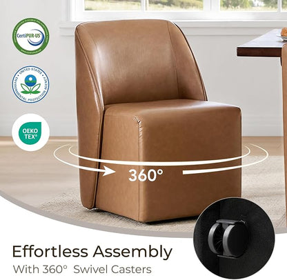Watson & Whitely Leather Rolling Dining Chairs with Casters Set of 2, Brown | Upholstered Seat, Removable Rollers, Modern Style, Armless Chairs for Dining Room, Living Room, Bedroom