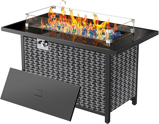 Ciays 43″ Propane Fire Pit with Glass Wind Guard, CSA-Listed 60,000 BTU Outdoor Gas Fire Pit Table, Tempered Glass Top, Glass Rocks,Lid, Adjustable Legs, Fire Table for Patio, Garden & Party, Black