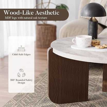 COSIEST Modern Round Coffee Table & Side Table Set, Faux Marble Wood Top, Walnut & Cream White Legs, Minimalist Living Room Center & Accent Table(2 PCS)