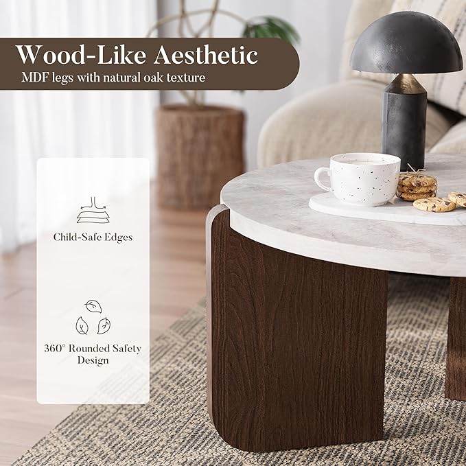 COSIEST 31.5" Round Coffee Table, Faux Marble Tabletop with Walnut Wood Grain Legs, Modern Minimalist Center Table for Living Room, Waterproof & Easy Assembly, Off-White