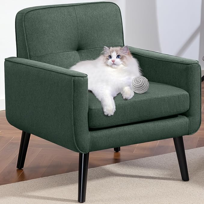Vogue Furniture Direct Mid Century Accent Chair, Fabric Modern Chair with Wooden Frame, Cozy Armchair Reading Chair with Comfy Back for Apartment, Living Room, Bedroom, Small Space, Corner, Green