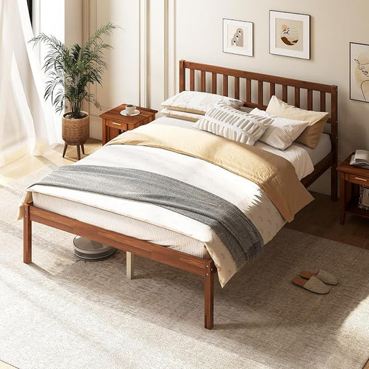 Giantex Wood Full Size Bed Frame with Headboard, Mid Century Solid Wood Bed with Slat Support, No Box Spring Needed, Double Bed Frame with 16" Under Bed Storage, Walnut