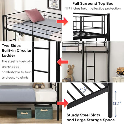 Metal Twin Over Twin Bunk Bed, Heavy-Duty Metal Bunk Bed, Noise Reduced Design/Safety Guardrail/2 Side Ladders/No Box Spring Needed (Black)