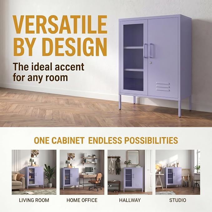 Metal Cabinet Metal Bathroom Storage Cabinet Metal Storage Cabinets with Glass Door and Adjustable Shelves Cabinet Storage for Coffee Bar for Homes, Living Rooms and Offices Purple 33''H