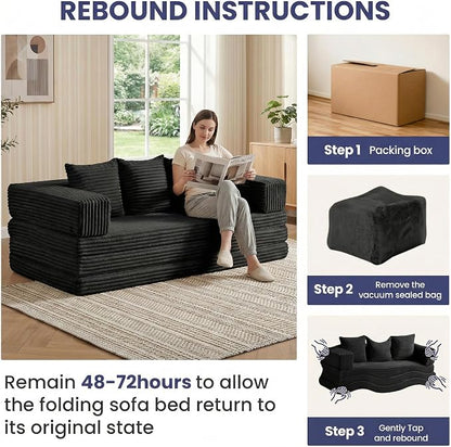 Convertible Sofa Bed Couch, 78’’ Oversized 4-in-1 Boneless Couches with Removable Armrests Backrest, Corduroy Futon Sofa Bed, Foldable Mattress Sleeper Sofa for Living Room Bedroom (Black)