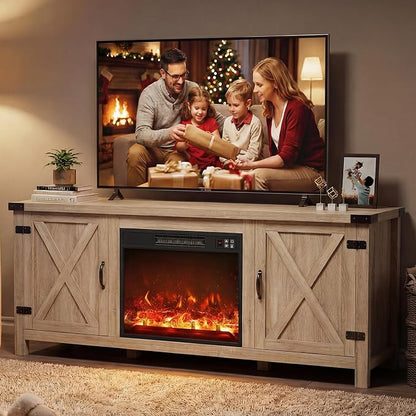 YESHOMY Fireplace TV Stand with Two Barn Doors and Storage Cabinets for Televisions up to 65+ Inch, Entertainment Center Console Table, Media Furniture for Living Room, 58 Inch, Yellow Oak