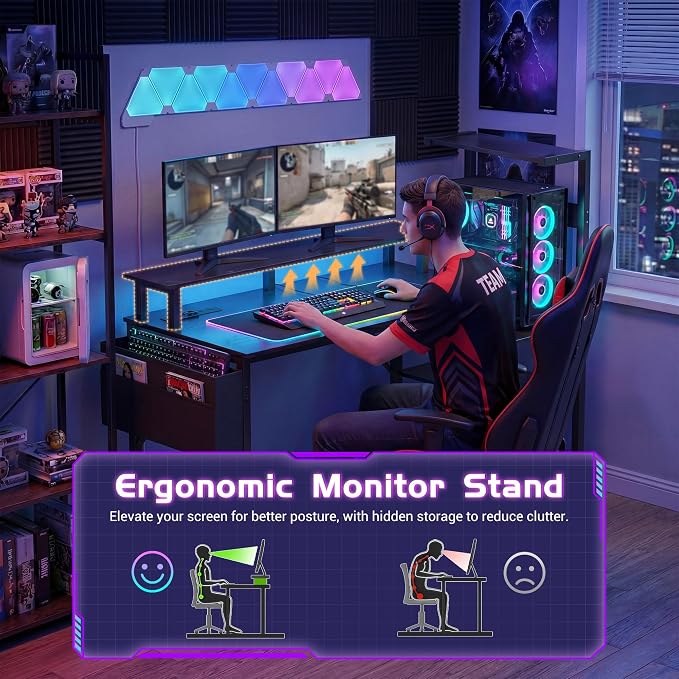 Apicizon 47 Inch Gaming Desk with LED Setup Style, Computer Desk with Storage Shelves & Monitor Stand, Reversible Workstation for Small Space, Home Office Desk with Side Pocket