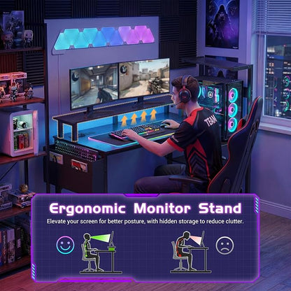 Apicizon 43 Inch Gaming Desk with LED Setup Style, Computer Desk with Storage Shelves & Monitor Stand, Reversible Workstation for Small Space, Home Office Desk Black